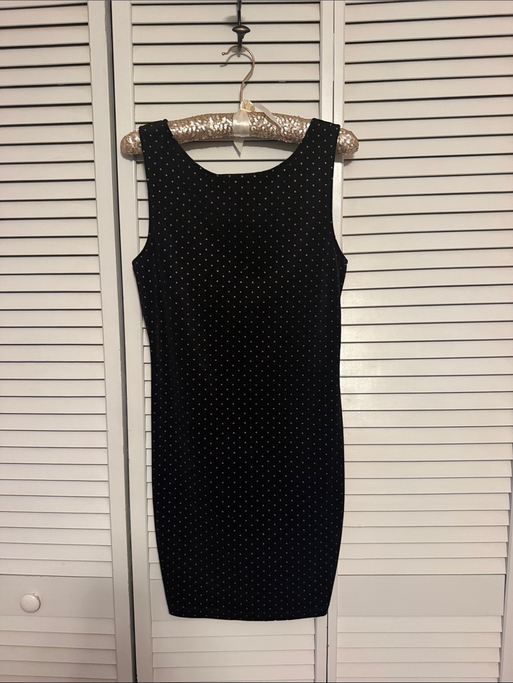 Sleeveless Black Mini Dress, Velvet with Gold Polka Dots Detail